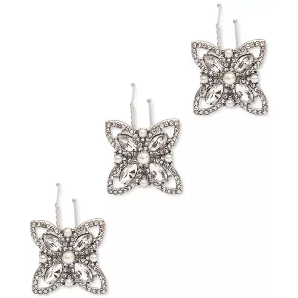 INC 3 Piece Silver-Tone Crystal & Imitation Pearl Flower Bobby Pin Set New